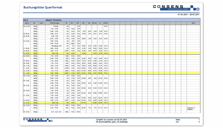 Consens Zeiterfassung - Buchungsliste